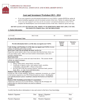 Student Financial Assistance Asset and Investment Worksheet
