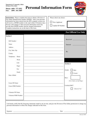New Jersey Fire Safety Personal Information Form