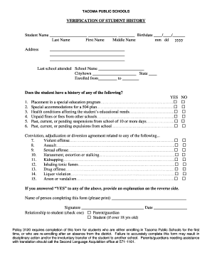 Tacoma Public Schools Verification of Student History