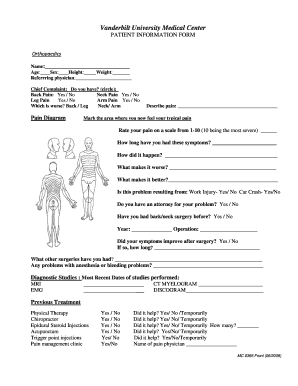 Vanderbilt Orthopaedics Patient Information Form