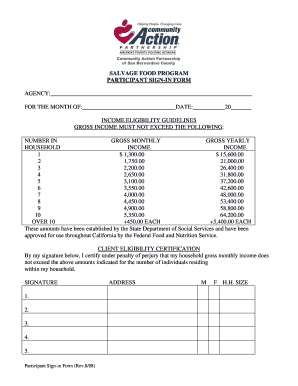Salvage Food Program Participant Sign-In Form