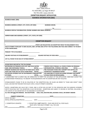 Nevada Health Permit Exemption Request