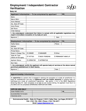 Body Art Employment Verification Form