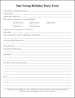 Star Group Birthday Party Form