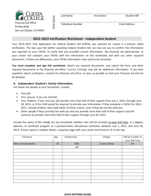 2012–2013 Verification Worksheet - Independent Student