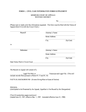 Missouri Civil Case Information Form Supplement