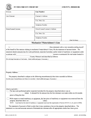 Missouri Mechanics' Lien Claim Form