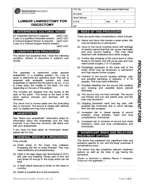 Lumbar Laminectomy for Discectomy Consent Form