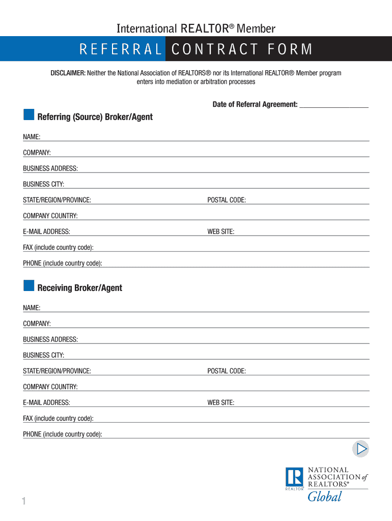 National Association of Realtors Referral Contract Form - Fill and Throughout real estate finders fee agreement template