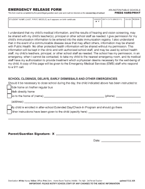 Arlington Public Schools Emergency Release Form