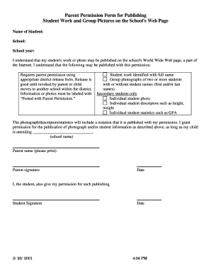 Parent Permission Form for Publishing Student Work