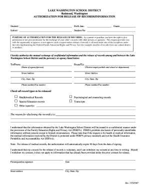 Lake Washington School District Authorization for Release of Records