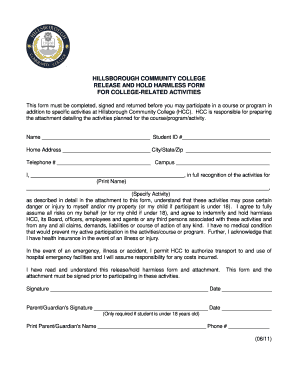 Hillsborough Community College Release and Hold Harmless Form