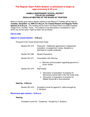 The Regular Open Public Session is scheduled to begin at