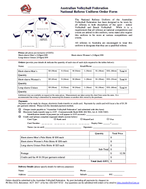 Australian Volleyball Federation Referee Uniform Order Form