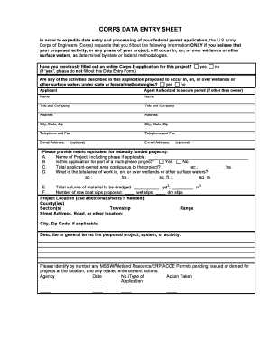 US Army Corps Data Entry Sheet