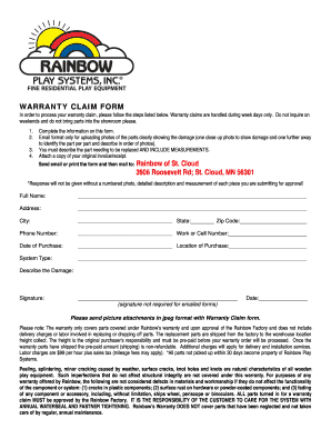 Rainbow Play Systems Warranty Claim Form