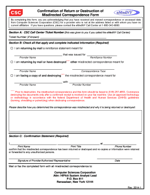 Confirmation of Return or Destruction of Misdirected Correspondence Form