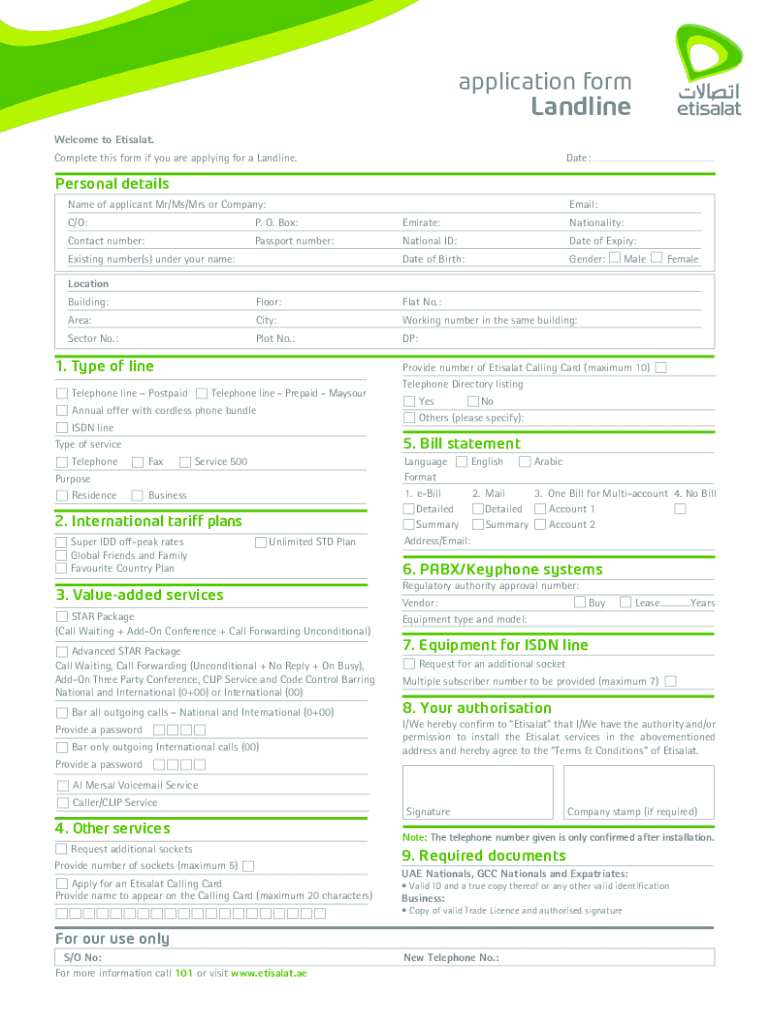 Etisalat Landline Application Form - Blank Fillable Template | Fill Out ...