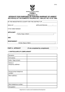 South Africa Affidavit for Further Warrant of Arrest