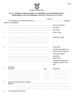 South Africa Debtor Administration Order Form