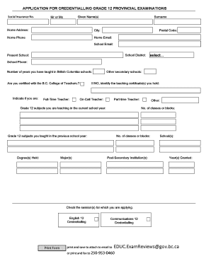 British Columbia Grade 12 Exam Credentialing Application