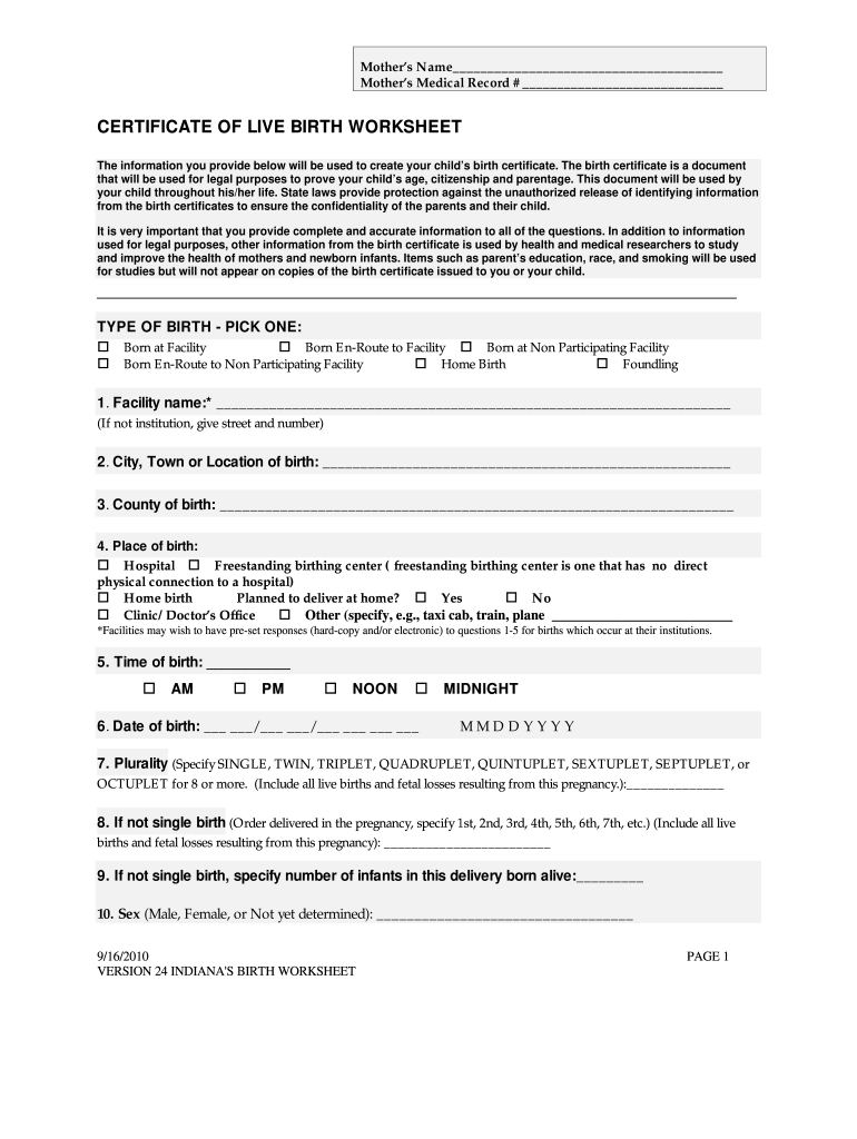 2010 Form IN Certificate Of Live Birth Worksheet Fill Online Printable 