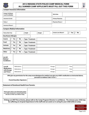 Indiana State Police Camp Medical Form