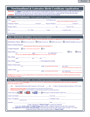 Newfoundland & Labrador Birth Certificate Application