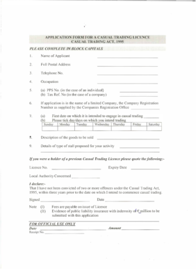 Casual Trading Licence Application