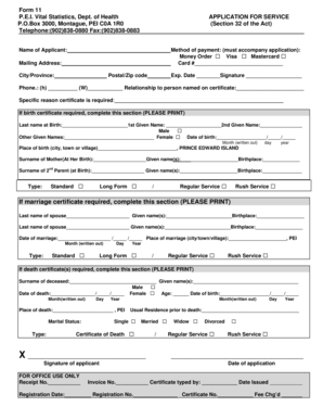 PEI Vital Statistics Certificate Application