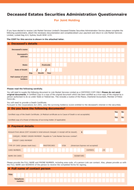 Deceased Estates Securities Administration Questionnaire