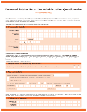 Deceased Estates Securities Administration Questionnaire