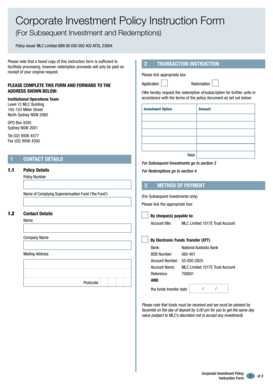 Corporate Investment Policy Instruction Form