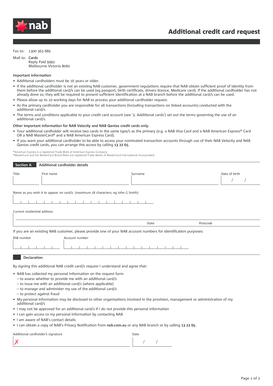 NAB Additional Credit Card Request Form