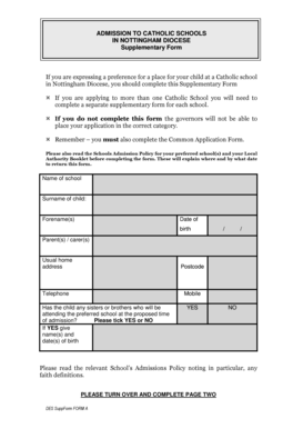 Catholic School Admission Supplementary Form