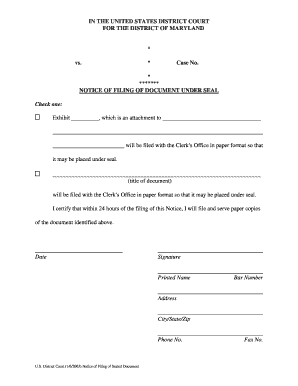 US District Court Notice of Filing of Sealed Document