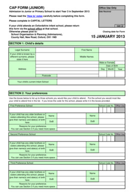 Oxfordshire Junior School Admission Form