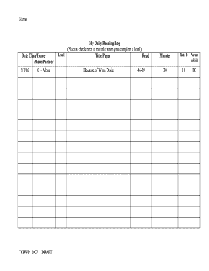 Reading log examples - BNameb TCRWP b2007b DRAFT My Daily Reading Log Place a check bb