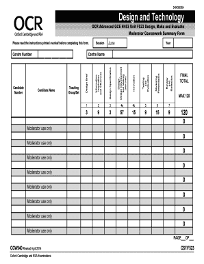 GCE Design Technology Coursework Summary Form