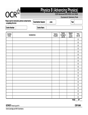 Physics B Coursework Summary Form