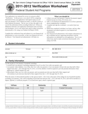 2011-2012 Verification Worksheet Dependent