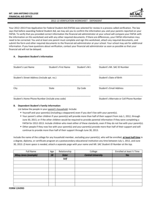 2012-13 Verification Worksheet - Dependent