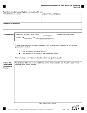 Agreement to Increase the Rent Above the Guideline Form N10 Read the instructions carefully before completing this form - ltb gov on