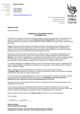 Admission to Secondary School Application Form