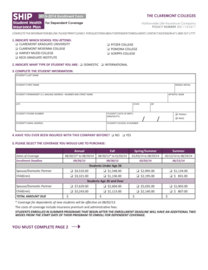 Claremont Colleges Student Health Insurance Enrollment Form