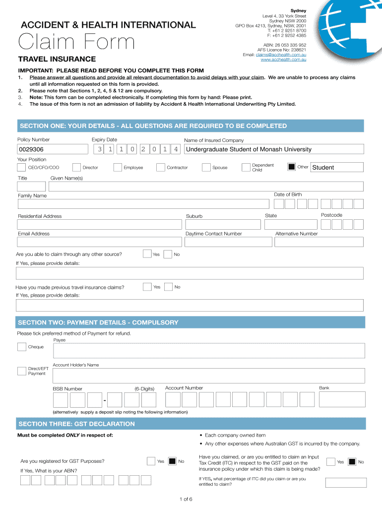 travel insurance form sample Preview on Page 1.