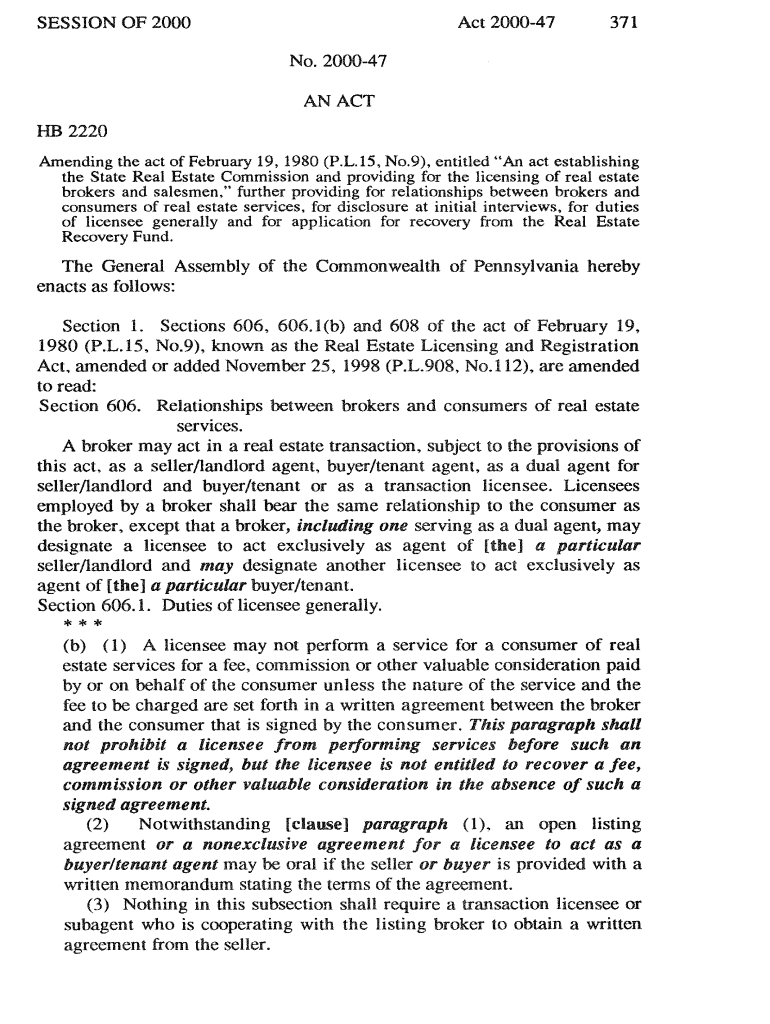 Fillable Online Real Estate Licensing and Registration Act amend Fax