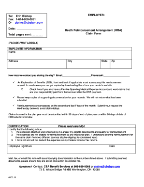 Health Reimbursement Arrangement Claim Form