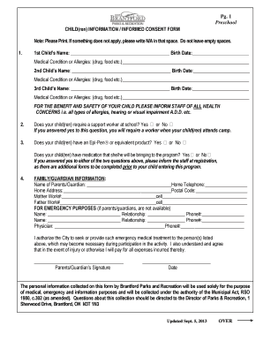 Preschool Child Information Consent Form